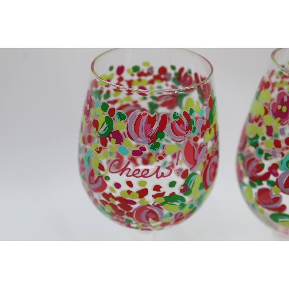Lilly Pulitzer Hand Painted AcrylicWine Glass 15oz Cheers Wild Confetti Lot Of 2 - Picture 2 of 4